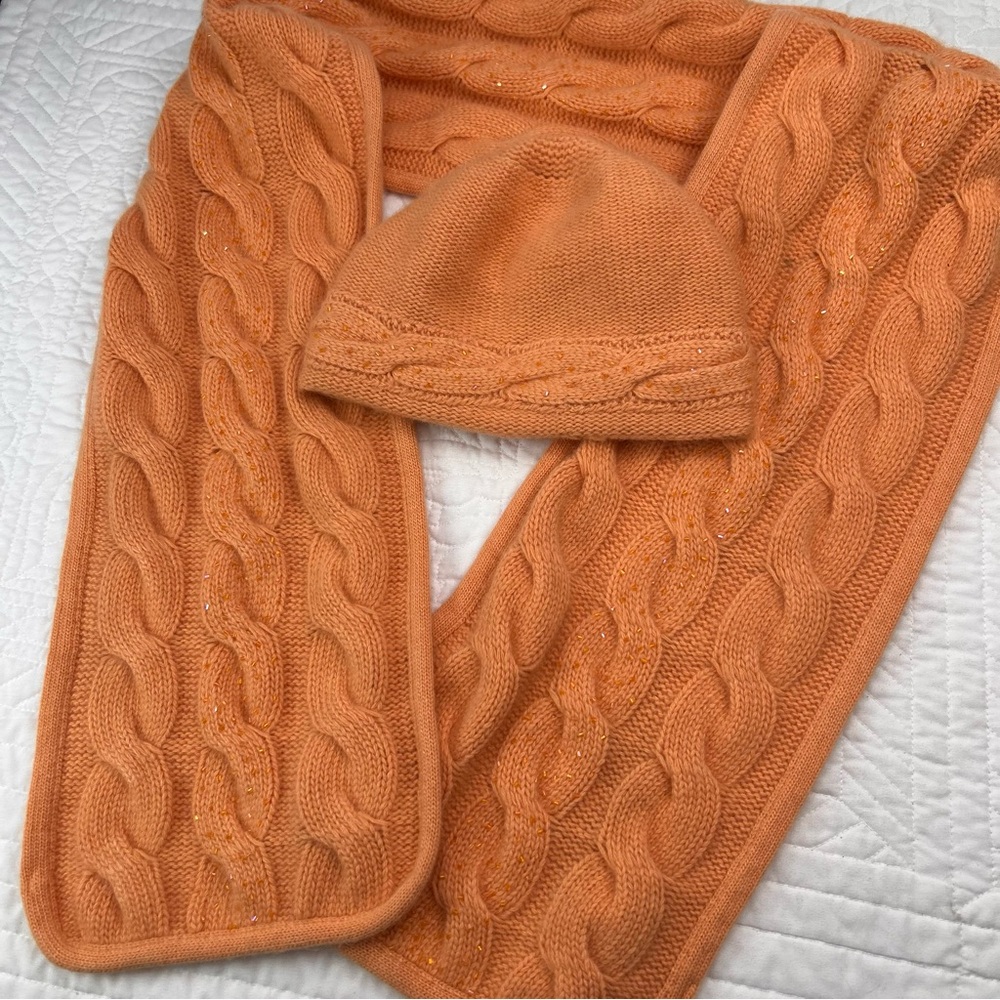 Portolano Cashmere/Merino/Silk Cable knit Beaded Cantaloupe Color Hat & Scarf